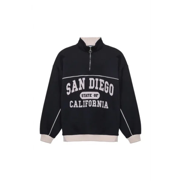 Balıkçı Yaka Yazılı Oversize Sweatshirt Lacivert