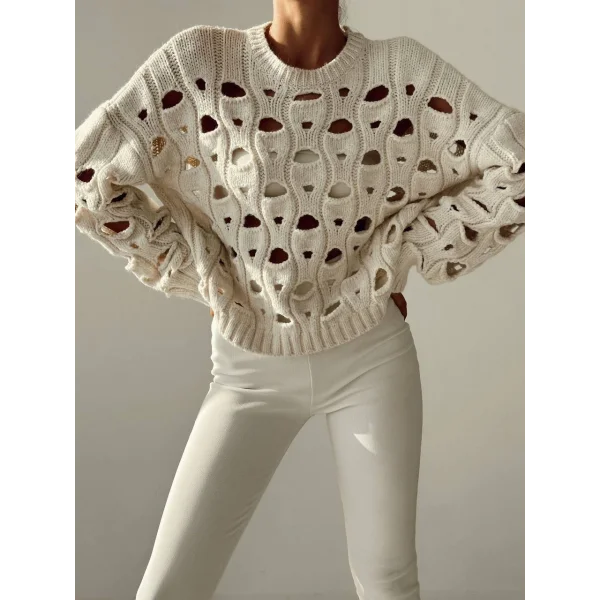 DELİKLİ KALIN TRİKO KAZAK KREM