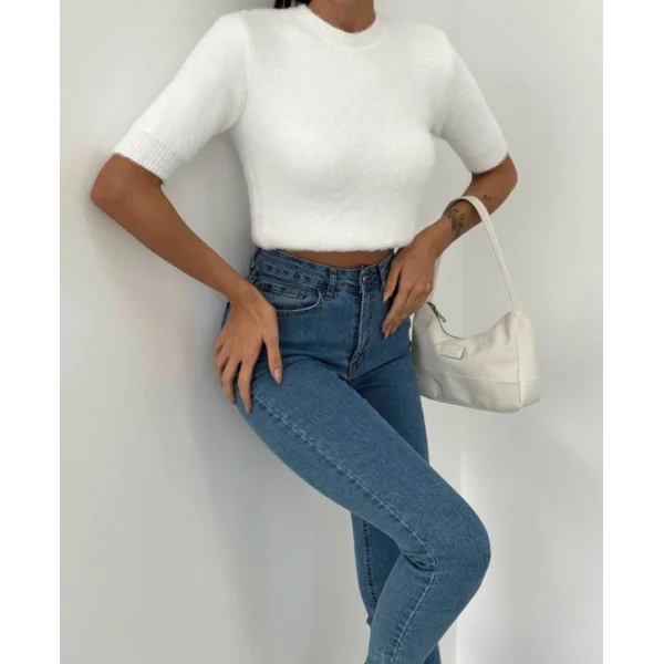 Bisiklet Yaka Kapri Kol Sakallı Beyaz Kazak