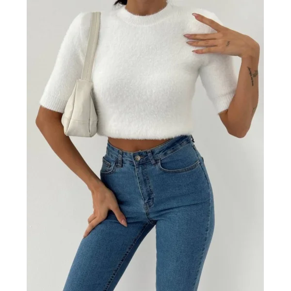 Bisiklet Yaka Kapri Kol Sakallı Beyaz Kazak