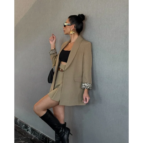 Leopar Astarlı Şal Yaka Blazer Ceket Haki