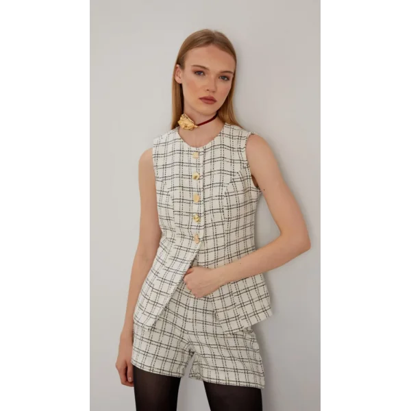 Ekose Desenli Yelek Şort Takım Ekru