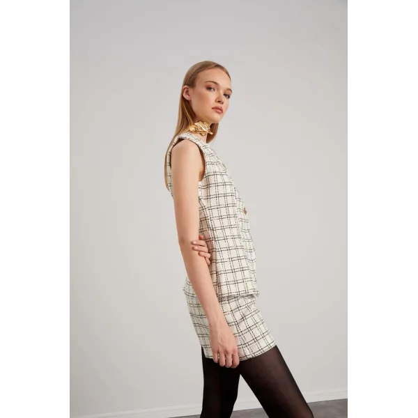 Ekose Desenli Yelek Şort Takım Ekru