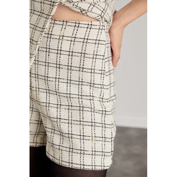 Ekose Desenli Yelek Şort Takım Ekru