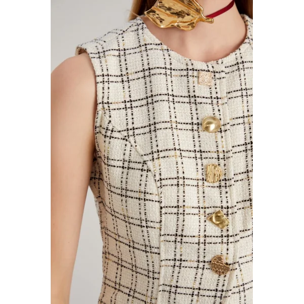 Ekose Desenli Yelek Şort Takım Ekru