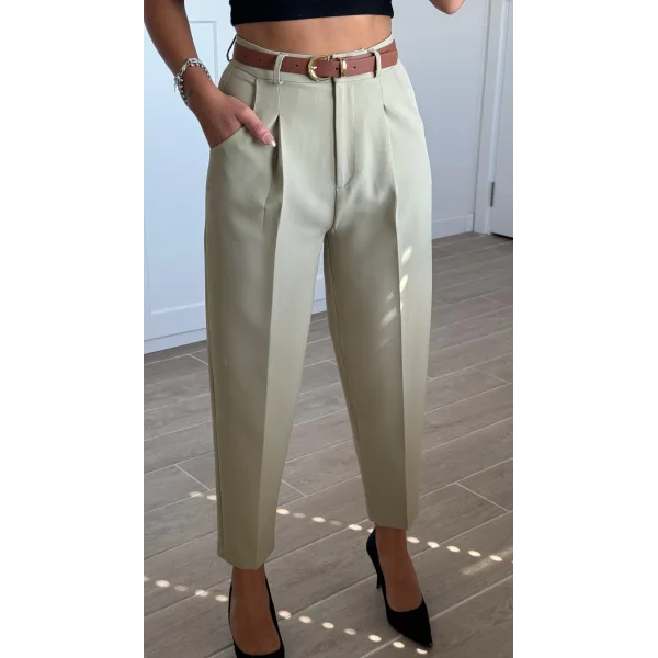 Yüksek Bel Kemerli Havuç Pantolon Açık Yeşil