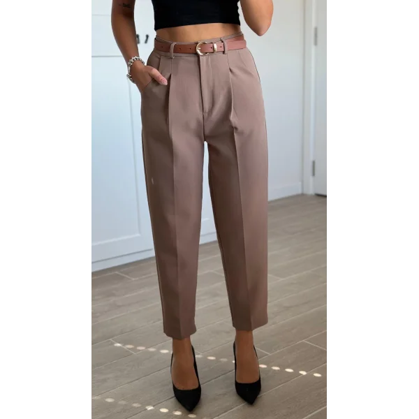 Yüksek Bel Kemerli Havuç Pantolon Kahverengi