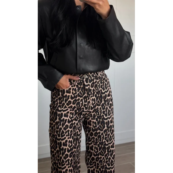 Leopar Desen Yüksek Bel Gabardin Pantolon