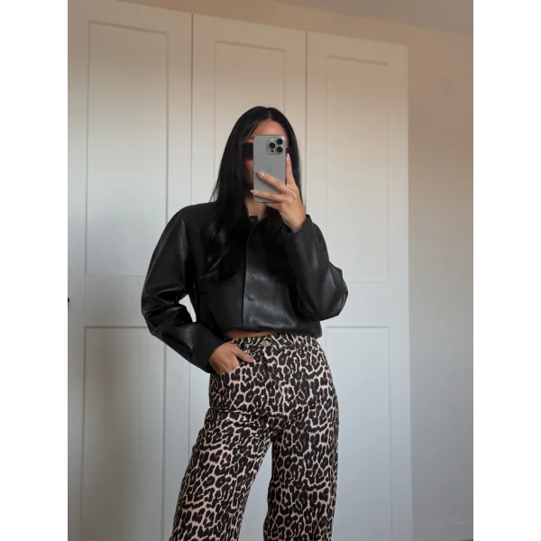 Leopar Desen Yüksek Bel Gabardin Pantolon