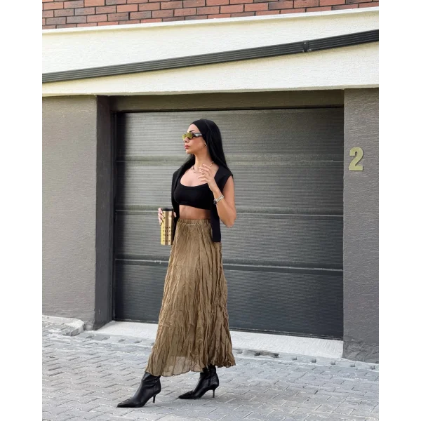 Kırışık Modal Kumaş Uzun Astarlı Etek Olive Yeşil