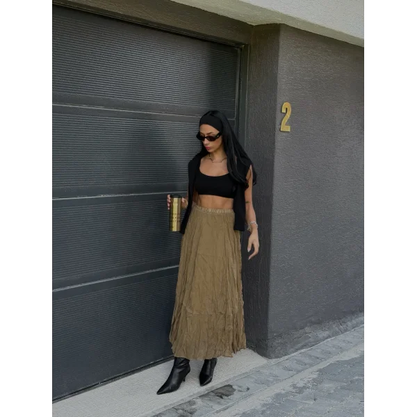 Kırışık Modal Kumaş Uzun Astarlı Etek Olive Yeşil