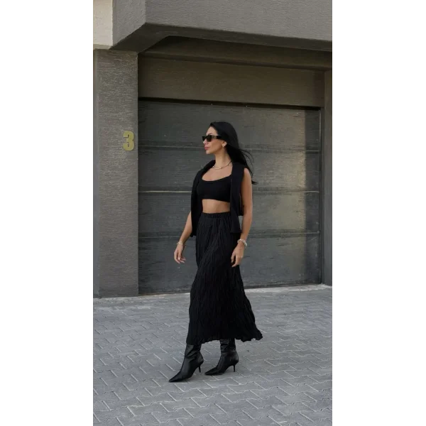 Kırışık Modal Kumaş Uzun Astarlı Etek Siyah