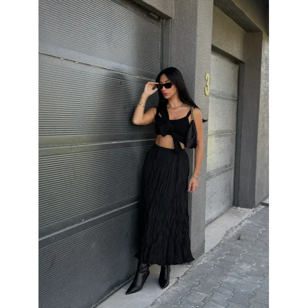Kırışık Modal Kumaş Uzun Astarlı Etek Siyah