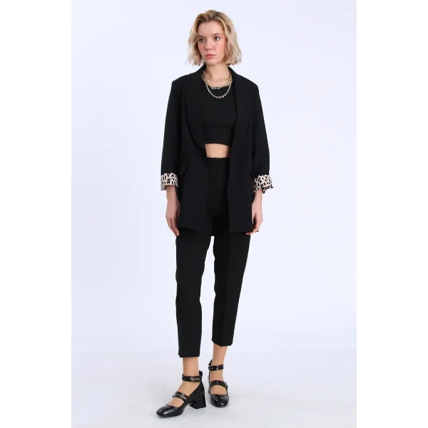 Leopar Astarlı Şal Yaka Blazer Ceket Siyah