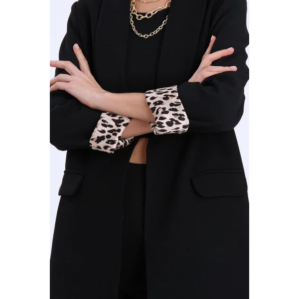 Leopar Astarlı Şal Yaka Blazer Ceket Siyah