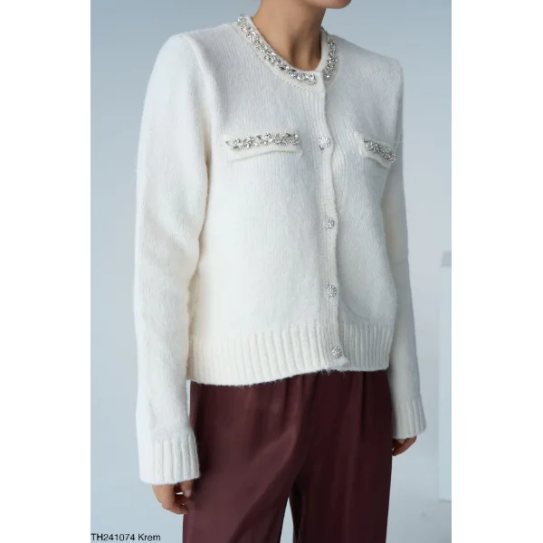 Taş İşlemeli Ekru Hırka