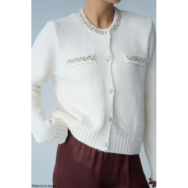 Taş İşlemeli Ekru Hırka