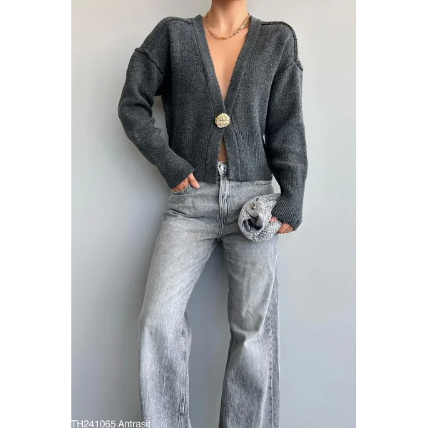 Ters Dikişli Tek Düğmeli Antrasit Hırka