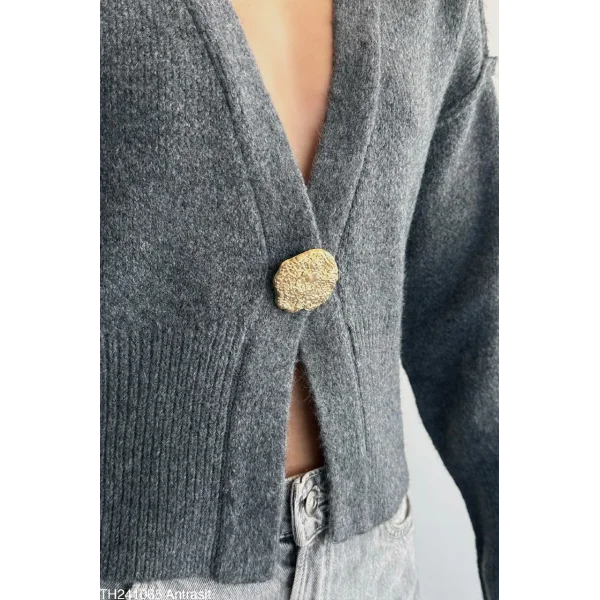 Ters Dikişli Tek Düğmeli Antrasit Hırka