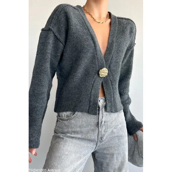 Ters Dikişli Tek Düğmeli Antrasit Hırka