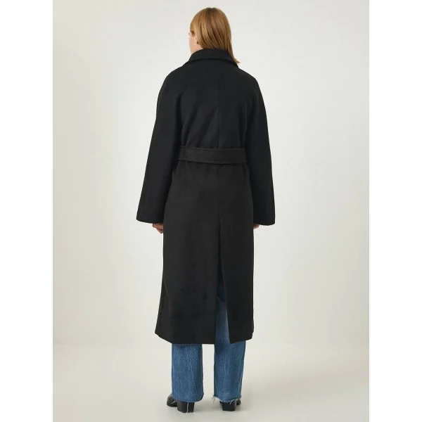 Kuşak Kapamalı Siyah Yün Kaban