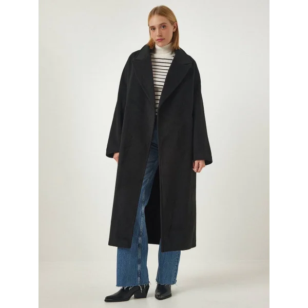 Kuşak Kapamalı Siyah Yün Kaban