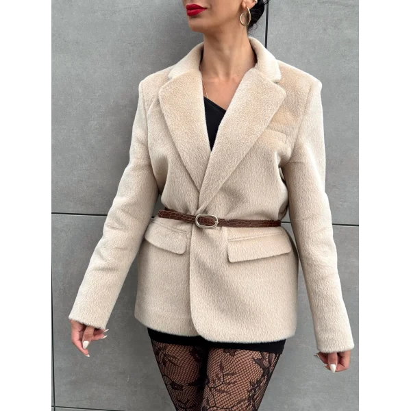 Alpaka Kemerli Ceket Ekru