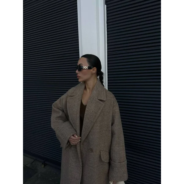 Kahverengi Balıksırtı Desenli Oversize Kaban