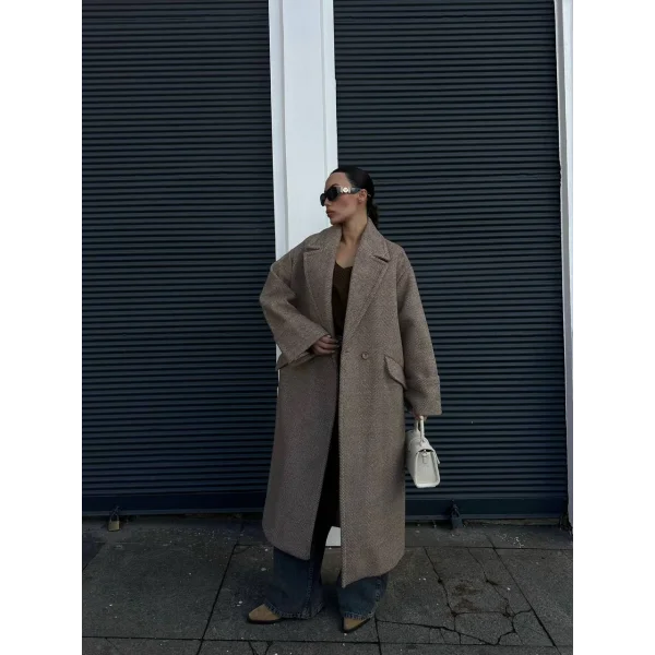 Kahverengi Balıksırtı Desenli Oversize Kaban