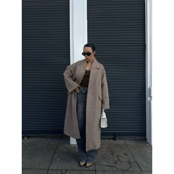 Kahverengi Balıksırtı Desenli Oversize Kaban