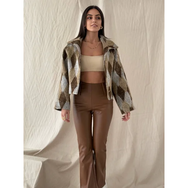 Baklava Desen Jakar Ceket Kahve