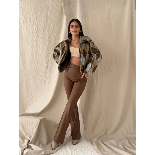 Baklava Desen Jakar Ceket Kahve