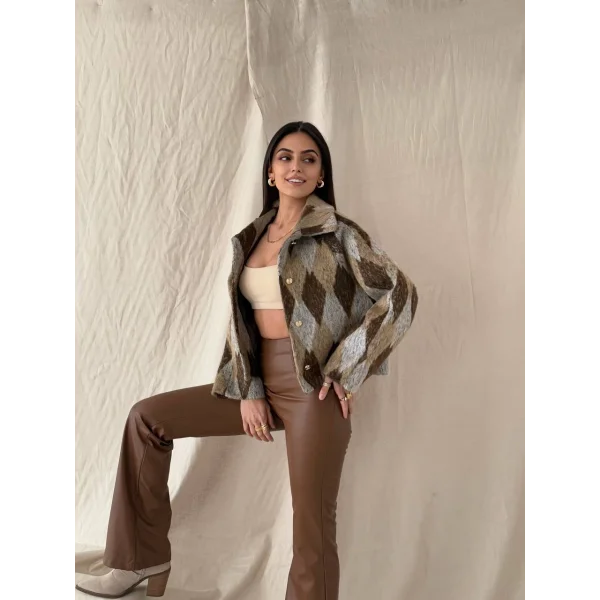 Baklava Desen Jakar Ceket Kahve