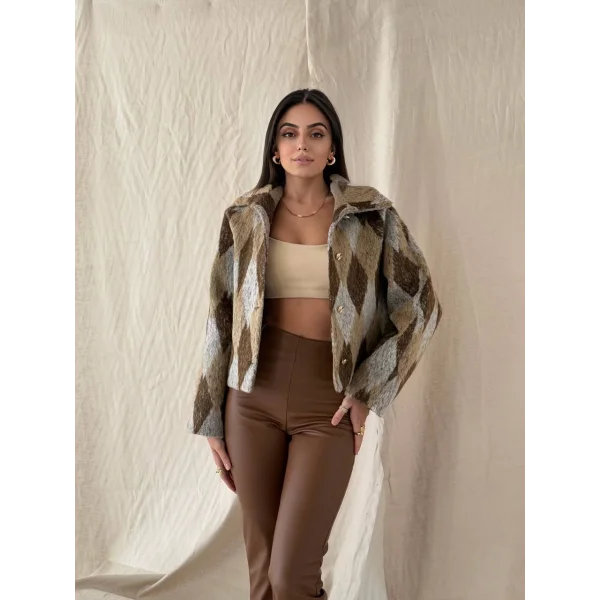 Baklava Desen Jakar Ceket Kahve