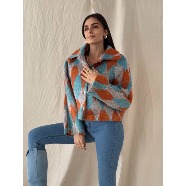 Baklava Desen Jakar Ceket Turuncu