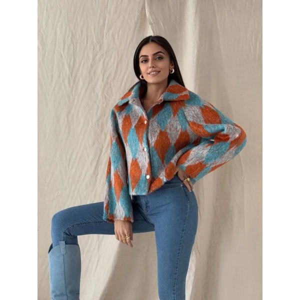 Baklava Desen Jakar Ceket Turuncu