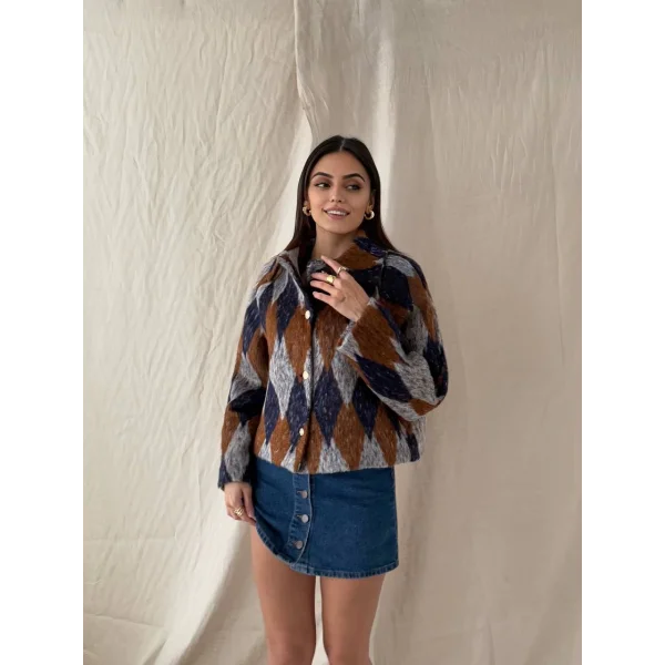 Baklava Desen Jakar Ceket Lacivert