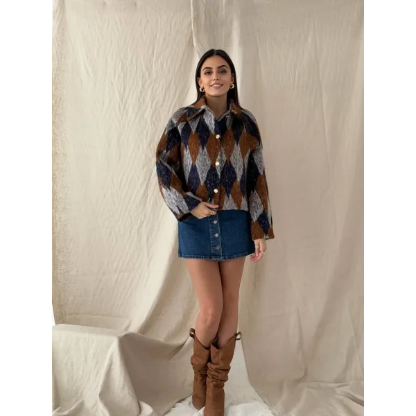 Baklava Desen Jakar Ceket Lacivert