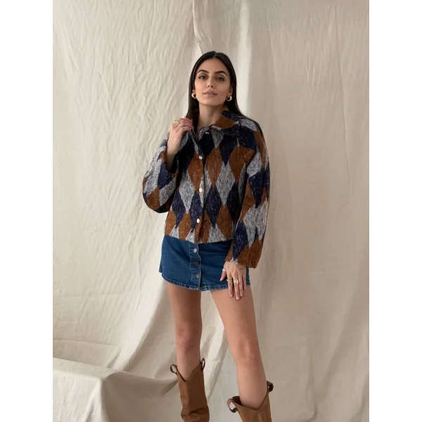 Baklava Desen Jakar Ceket Lacivert