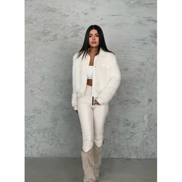 Deri Garnili Beyaz Kürk Ceket