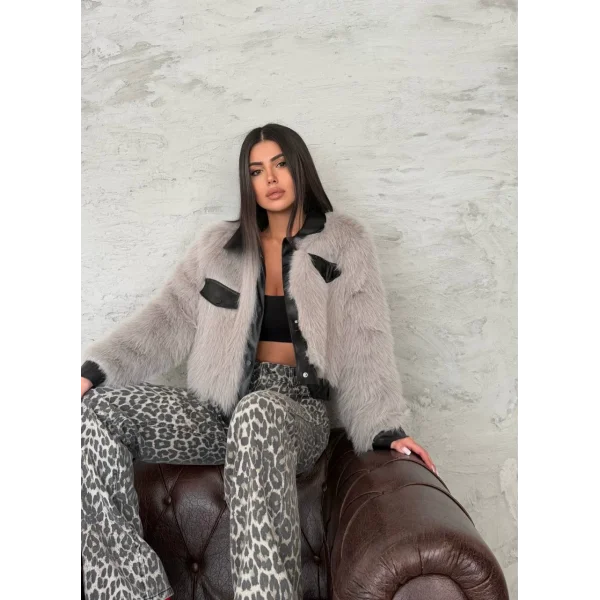 Deri Garnili Gri Kürk Ceket