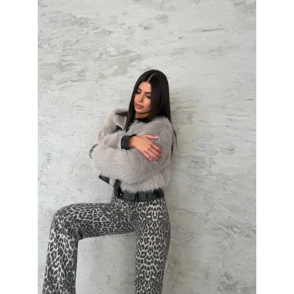 Deri Garnili Gri Kürk Ceket