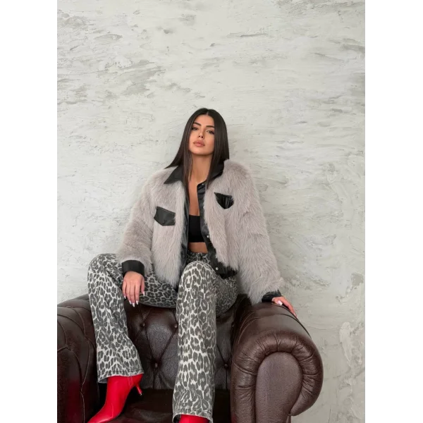 Deri Garnili Gri Kürk Ceket