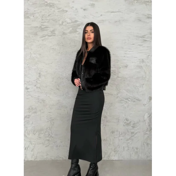 Deri Garnili Siyah Kürk Ceket