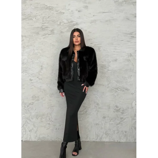 Deri Garnili Siyah Kürk Ceket