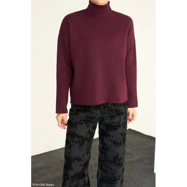 Yarım Balıkçı Yaka Bordo Triko Kazak