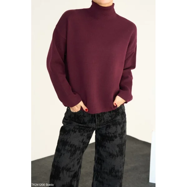 Yarım Balıkçı Yaka Bordo Triko Kazak