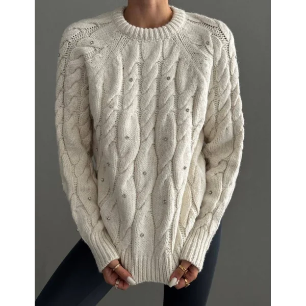 Saç Örgü Taşlı Ekru Kazak