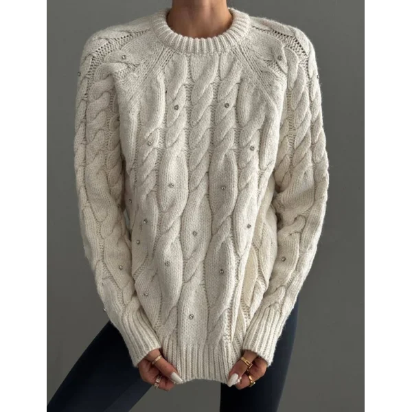 Saç Örgü Taşlı Ekru Kazak