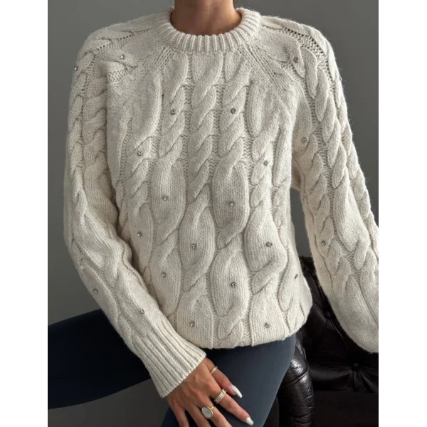 Saç Örgü Taşlı Ekru Kazak